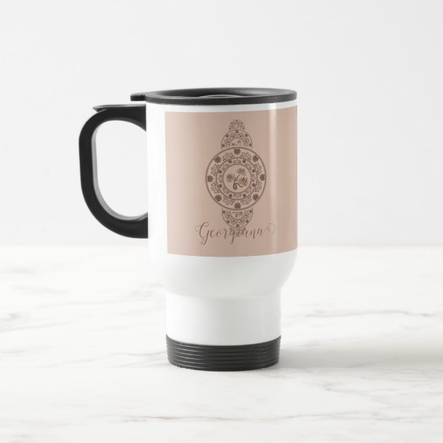 Personalized Mocha Rococo Lotus Ornamental Mandala Travel Mug (Left)