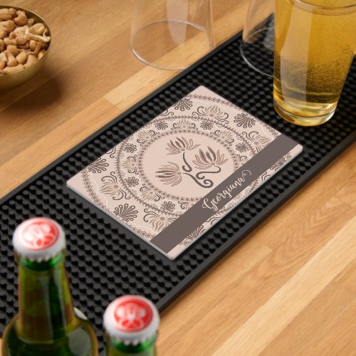Personalized Mocha Rococo Revival Dot Mandala Bar Mat