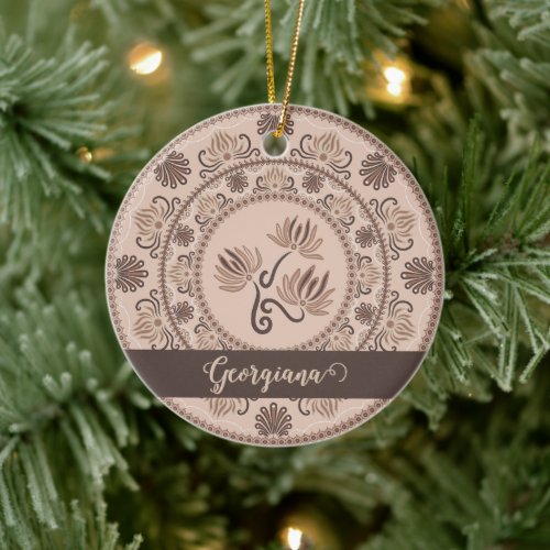 Personalized Mocha Rococo Revival Dot Mandala Ceramic Ornament
