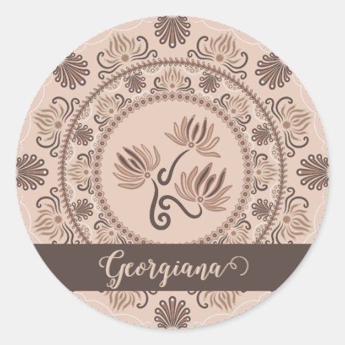 Personalized Mocha Rococo Revival Dot Mandala Classic Round Sticker