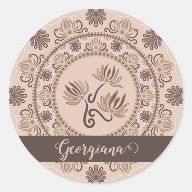 Personalized Mocha Rococo Revival Dot Mandala Classic Round Sticker (Front)