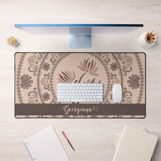 Personalized Mocha Rococo Revival Dot Mandala Desk Mat (Office 1)