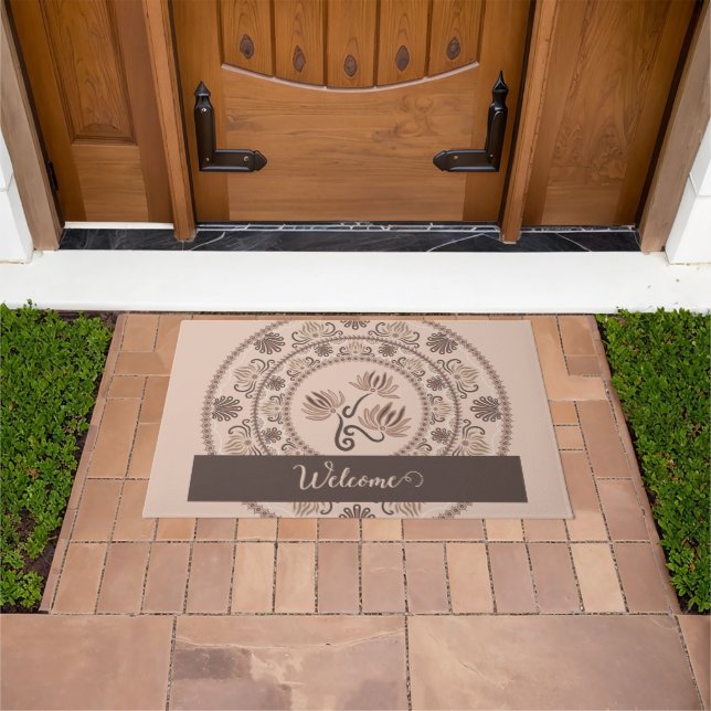 Personalized Mocha Rococo Revival Dot Mandala Doormat (Outdoor)