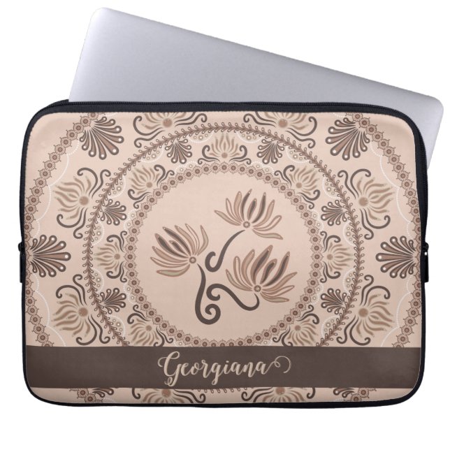 Personalized Mocha Rococo Revival Dot Mandala Laptop Sleeve (Front)