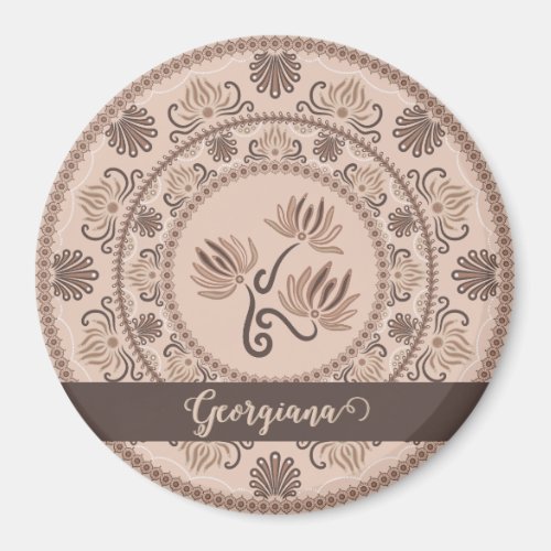 Personalized Mocha Rococo Revival Dot Mandala Magnet