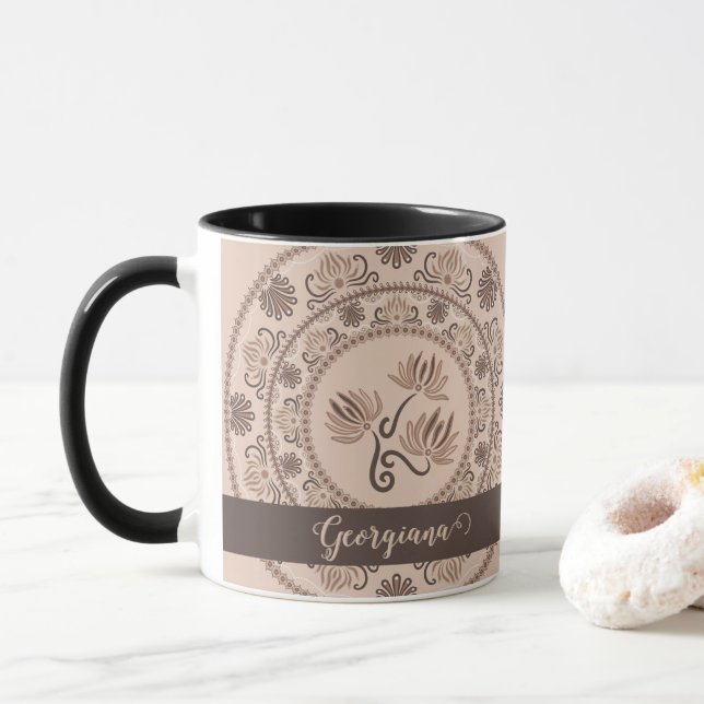 Personalized Mocha Rococo Revival Dot Mandala Mug (With Donut)