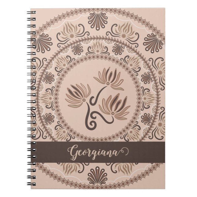 Personalized Mocha Rococo Revival Dot Mandala Notebook (Front)