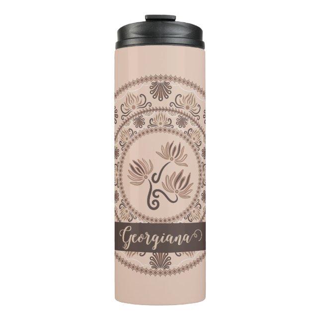 Personalized Mocha Rococo Revival Dot Mandala Thermal Tumbler (Front)