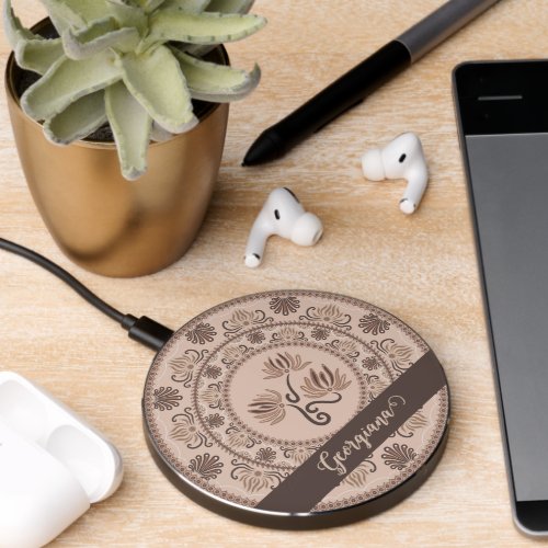 Personalized Mocha Rococo Revival Dot Mandala Wireless Charger