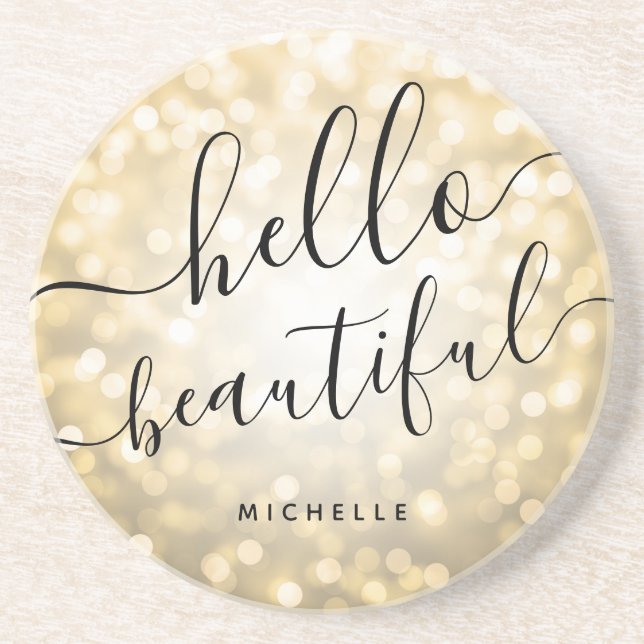 Personalized Mod Gold Lights "Hello Beautiful" Coaster (Front)