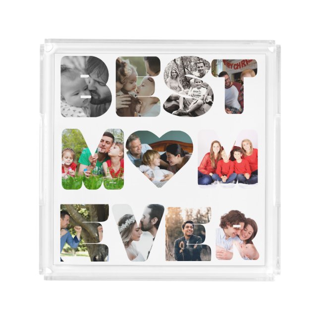 Personalized modern 11 photo Best mom ever Acrylic Tray (Front)