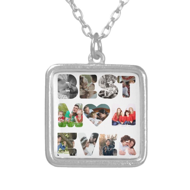 Personalized modern 11 photo Best mom ever Silver Plated Necklace (Front)