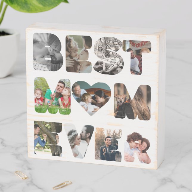 Personalized modern 11 photo Best mom ever Wooden Box Sign (In Situ Horizontal)