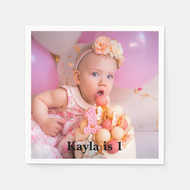 Personalized Modern 1st Birthday Photo Napkins (Front)
