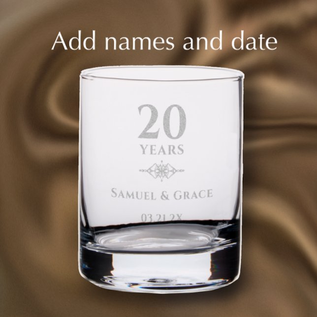 Personalized Modern 20th Wedding Anniversary Gift Rocks Glass (Personalize this etched glass for a stylish 20 year anniversary gift or favor. )