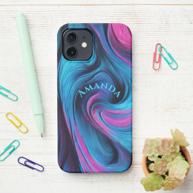 Personalized Modern Abstract-Blue and Fuchsia iPhone Case (On Desk)