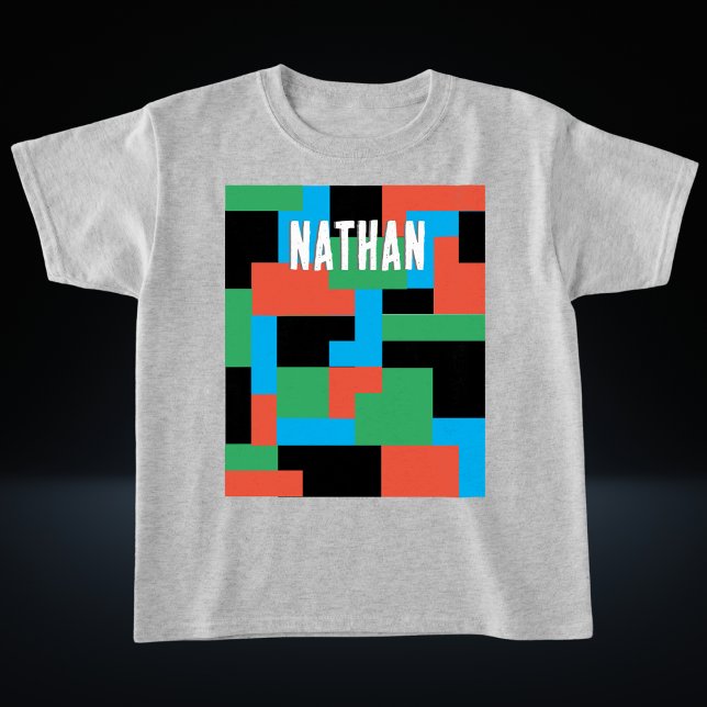 Personalized Modern Abstract Geometric Shapes T-Shirt (A personalized T-shirt with colorful geometric blocks pattern, in the style of a computer game)