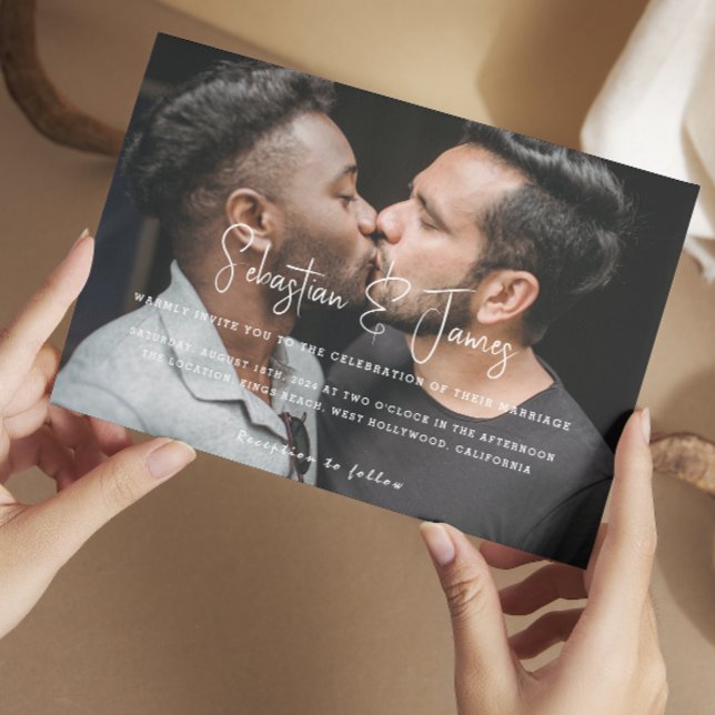 Personalized Modern and Stylish Photo Gay Wedding Invitation (Personalized Modern and Stylish Photo Gay Wedding Invitations from Ricaso. Simplistic typography)