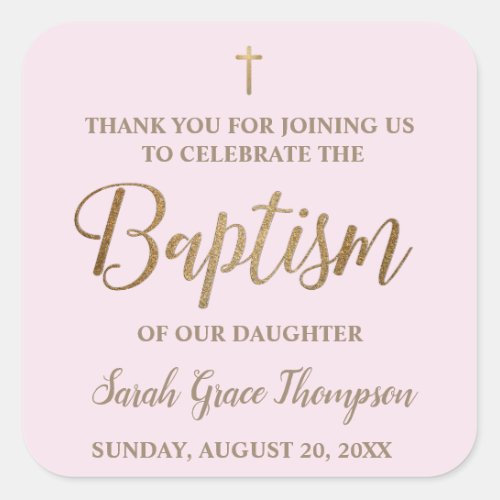 Personalized Modern Baby pink baptism thank you Sq Square Sticker