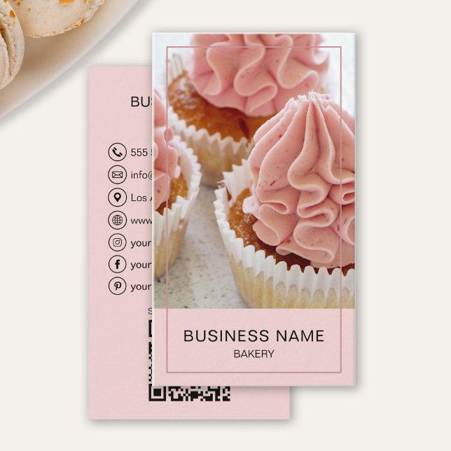 Personalized Modern Bakery Business Card (Create your own modern Bakery Business Card, change color, add your own icons, scannable QR.)