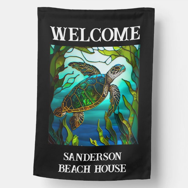 Personalized Modern Beach Sea Turtle Welcome House Flag (Front)