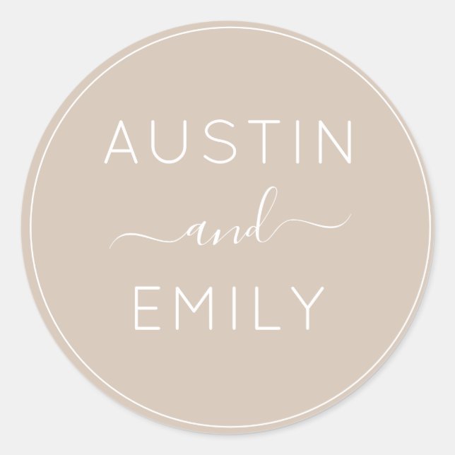 Personalized Modern Beige Wedding Classic Round Sticker (Front)