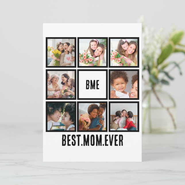 Personalized Modern Best Mom Ever 8 Photo Collage Holiday Card (Standing Front)