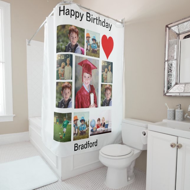 Personalized Modern Birthday 11 Photo Collage   Shower Curtain (In Situ)