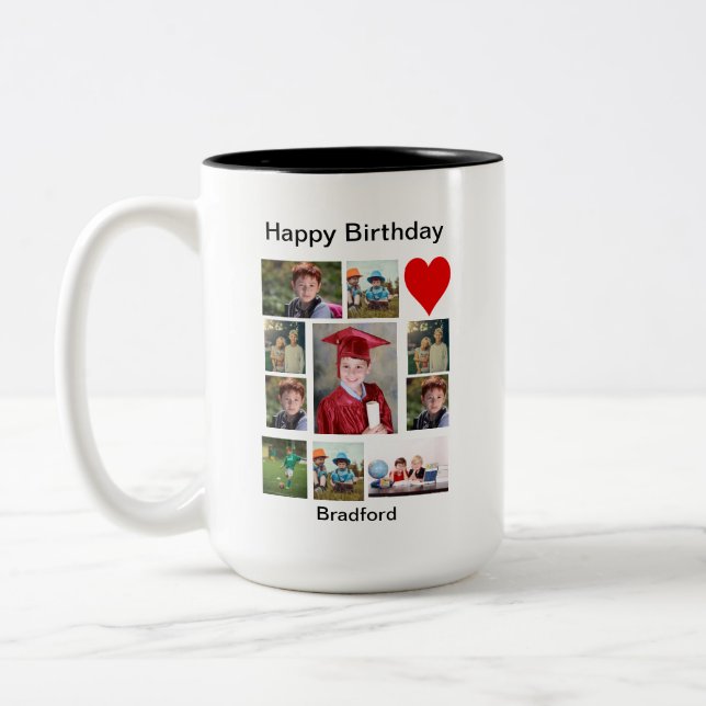 Personalized Modern Birthday 11 Photo Collage   Two-Tone Coffee Mug (Left)