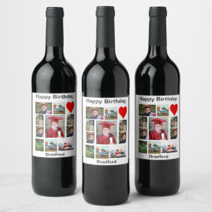 Personalized Modern Birthday 11 Photo Collage Wine Label