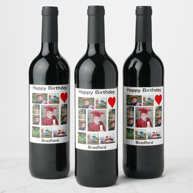 Personalized Modern Birthday 11 Photo Collage   Wine Label (Bottles)