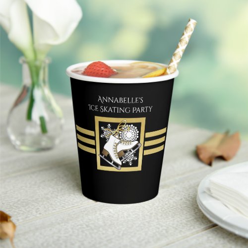 Personalized Modern Black and Gold Ice Skate Paper Cups