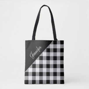Personalized Modern Black And White Buffalo Check Tote Bag