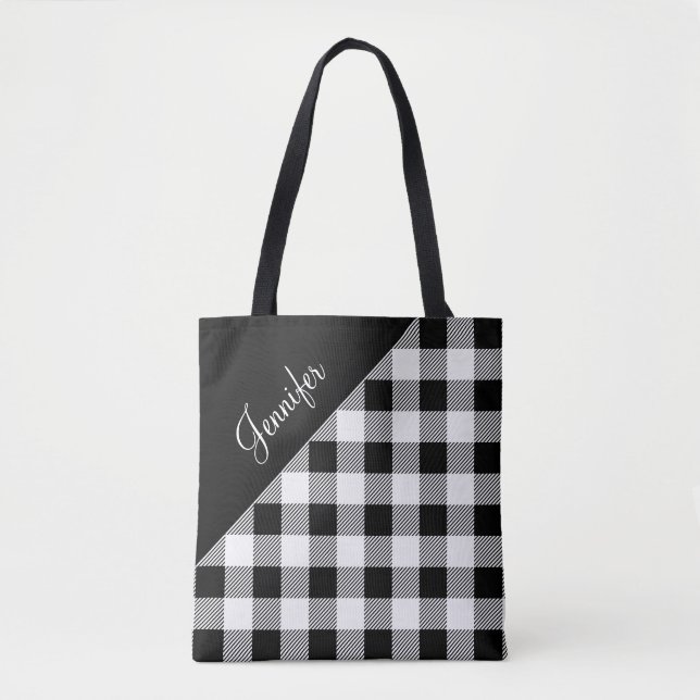 Personalized Modern Black And White Buffalo Check Tote Bag (Front)