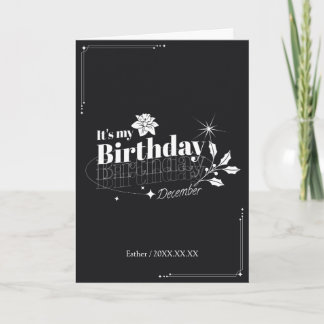 Personalized Modern Black Floral December Birthday Card