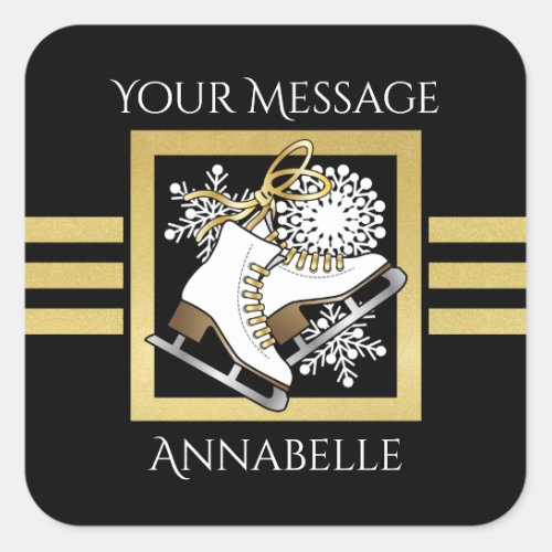 Personalized Modern Black Gold Glitter Ice Skate Square Sticker