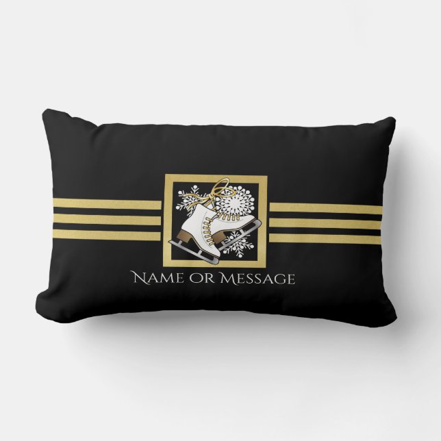Personalized Modern Black Gold Glitter Ice Skating Lumbar Pillow (Front)