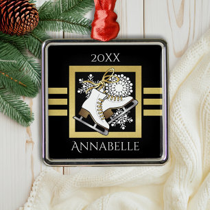 Personalized Modern Black Gold Glitter Ice Skating Metal Ornament