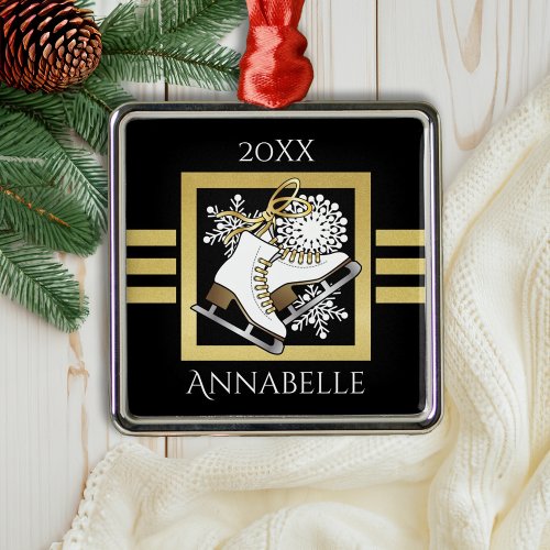 Personalized Modern Black Gold Glitter Ice Skating Metal Ornament