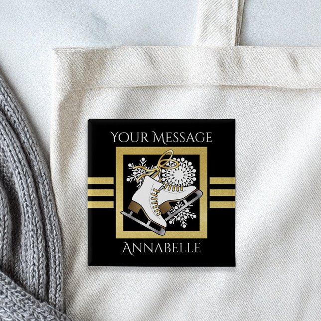 Personalized Modern Black Gold Glitter Ice Skating Pinback Button (Creator Uploaded)