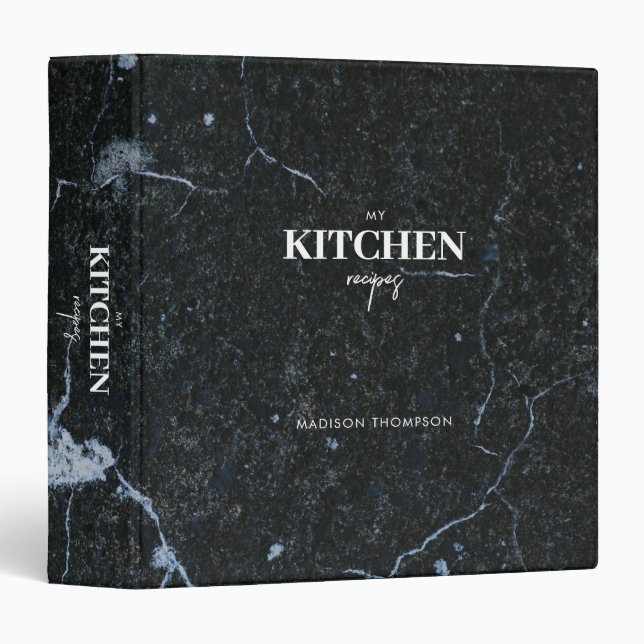 Personalized Modern Black Marble Kitchen Recipe 3 Ring Binder (Front/Spine)