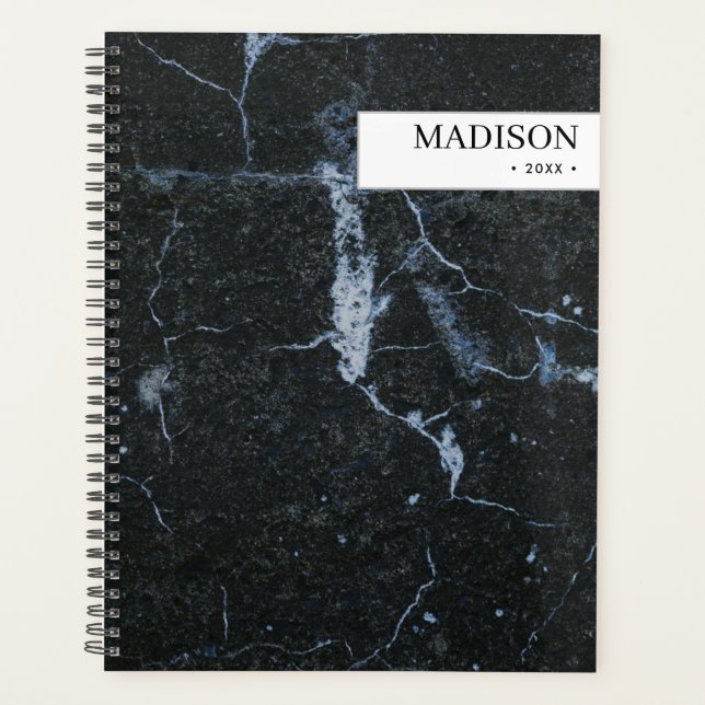 Personalized Modern Black Marble Minimalist Planner (Front)