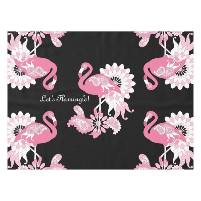 Personalized Modern Black Paisley Pink Flamingo Tablecloth (Front (Horizontal))