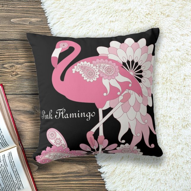 Personalized Modern Black Paisley Pink Flamingo Throw Pillow (Creator Uploaded)