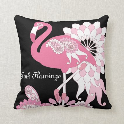 Personalized Modern Black Paisley Pink Flamingo Throw Pillow