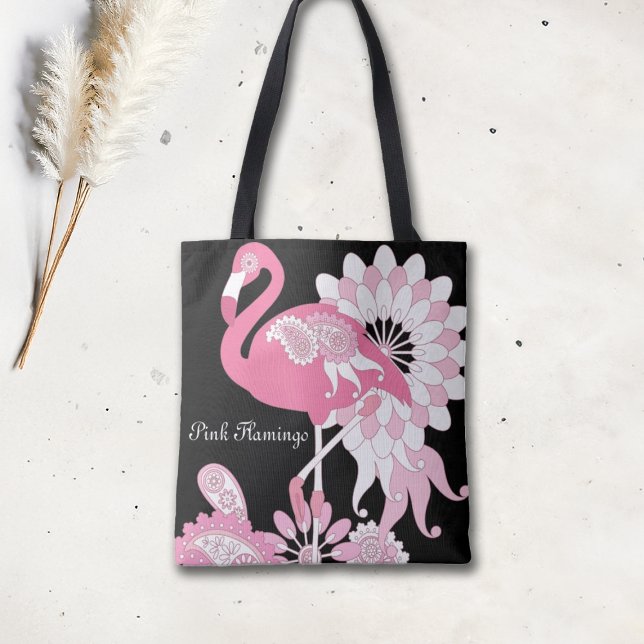 Personalized Modern Black Paisley Pink Flamingo Tote Bag (Creator Uploaded)