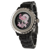 Personalized Modern Black Paisley Pink Flamingo Watch (Angled)