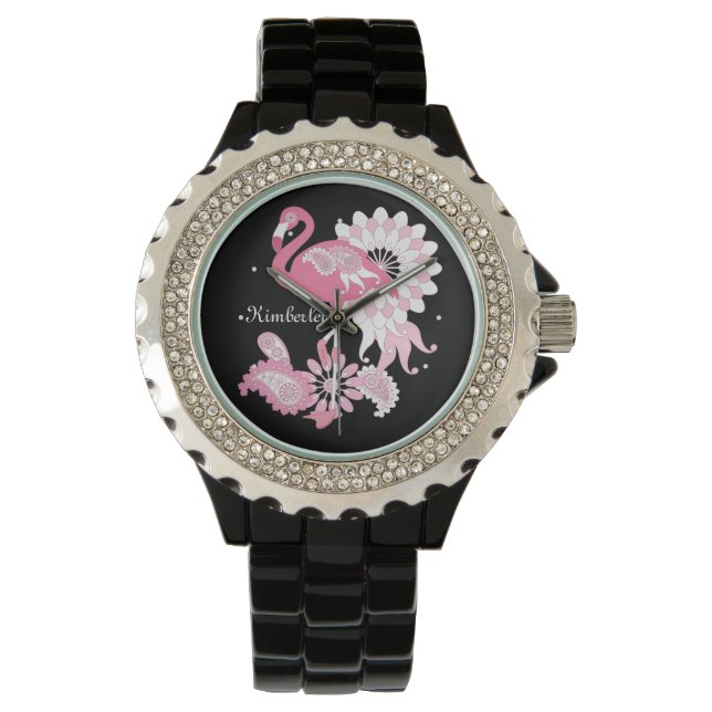 Personalized Modern Black Paisley Pink Flamingo Watch (Front)