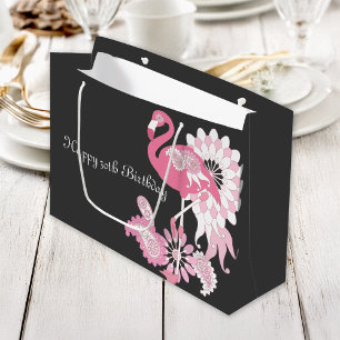Personalized Modern Black Pink Flamingo Birthday Large Gift Bag