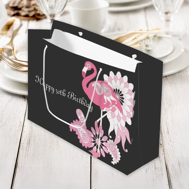 Personalized Modern Black Pink Flamingo Birthday Large Gift Bag (Creator Uploaded)